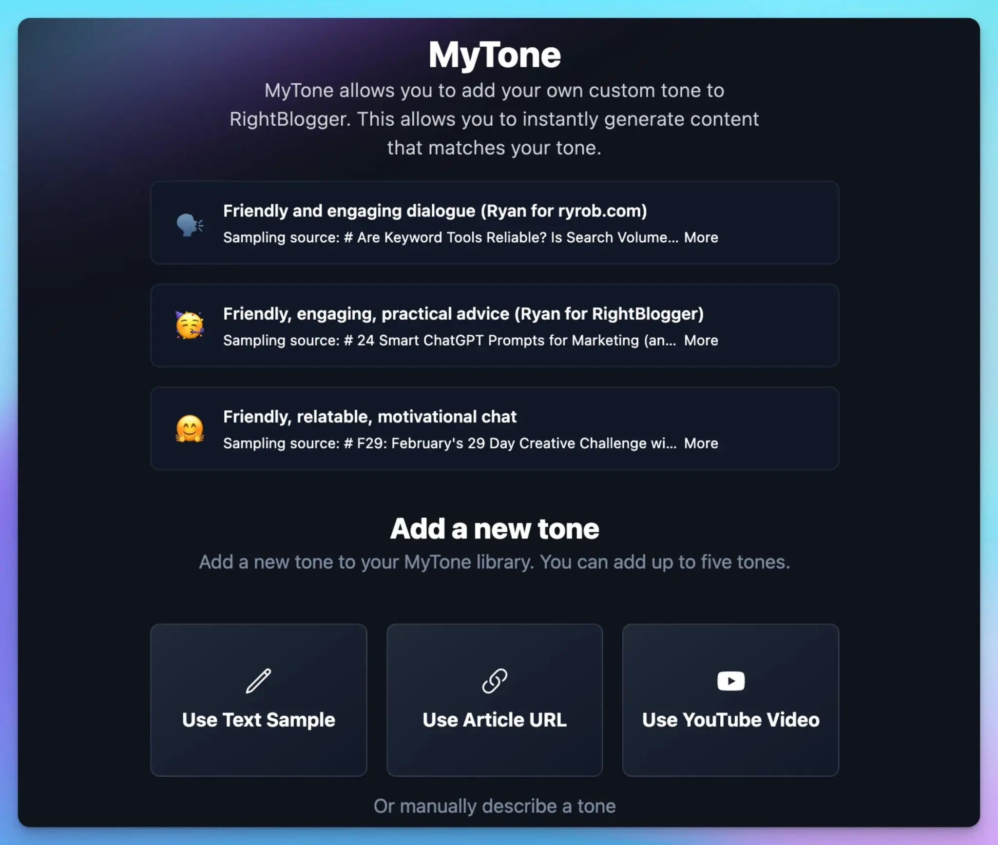MyTone Personalized Writing Tone and Style in RightBlogger with AI