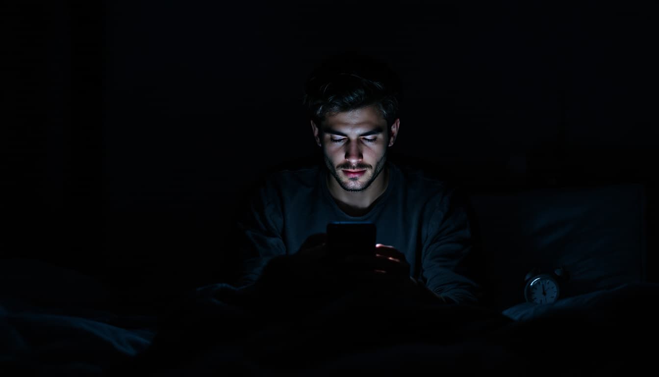 Man looking at phone in a dark room (AI image)