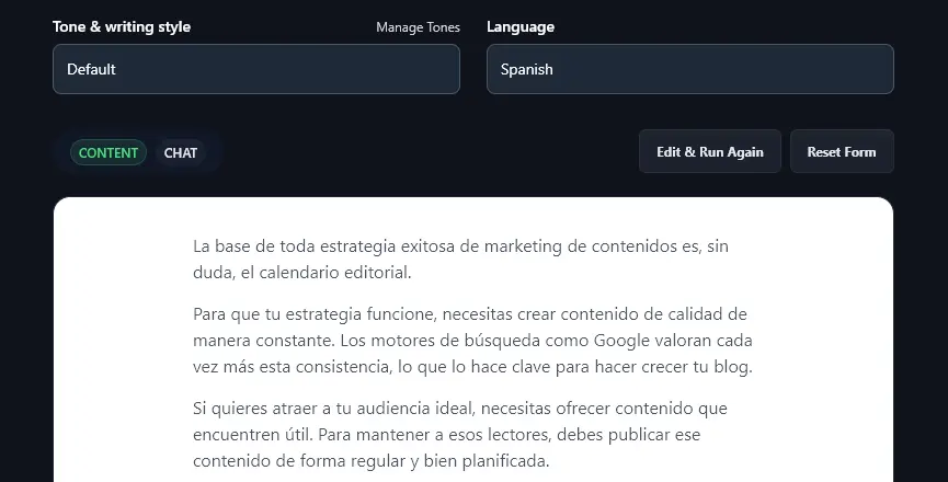 An Example of the AI Paraphrase Tool Generating Text in Spanish