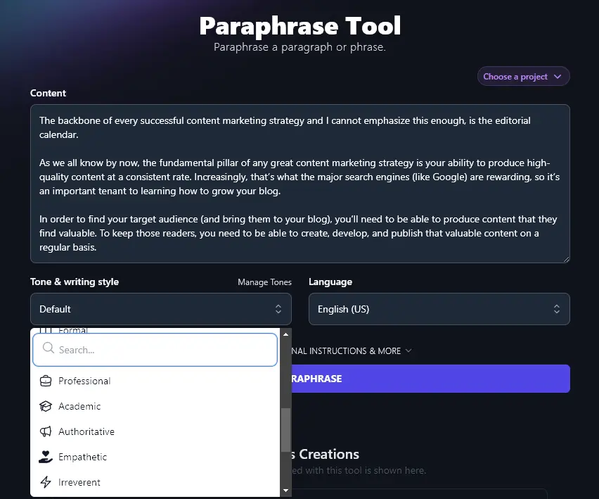 Using the Tone and Writing Style Dropdown for the Paraphrase Tool. Options Showing Read Professional, Academic, Authoritative, Empathetic, Irreverent.