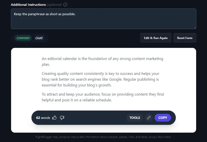 The Additional Instructions Box for the Paraphrase Tool
