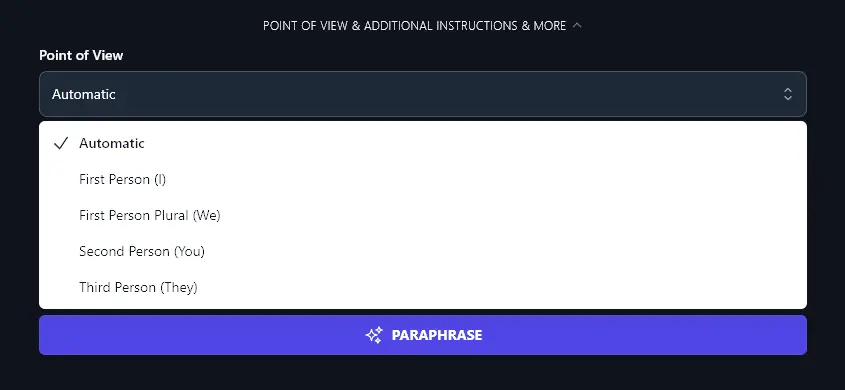 The Point of View Dropdown for the AI Paraphrasing Tool