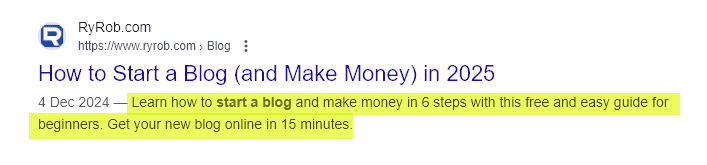 A Google search result showing the meta title at the top and the meta description in the snippet below it