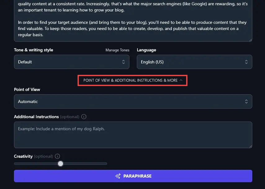 The Point of View and Additional Instructions Link for the Paraphrase Tool
