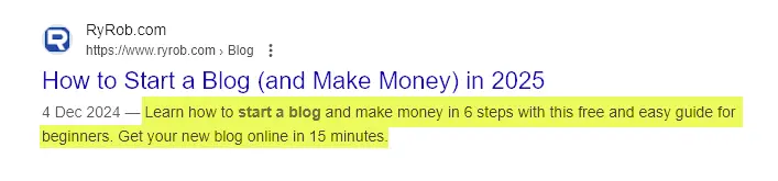 A Google search result with the title at top and the meta description highlighted as the snippet underneath