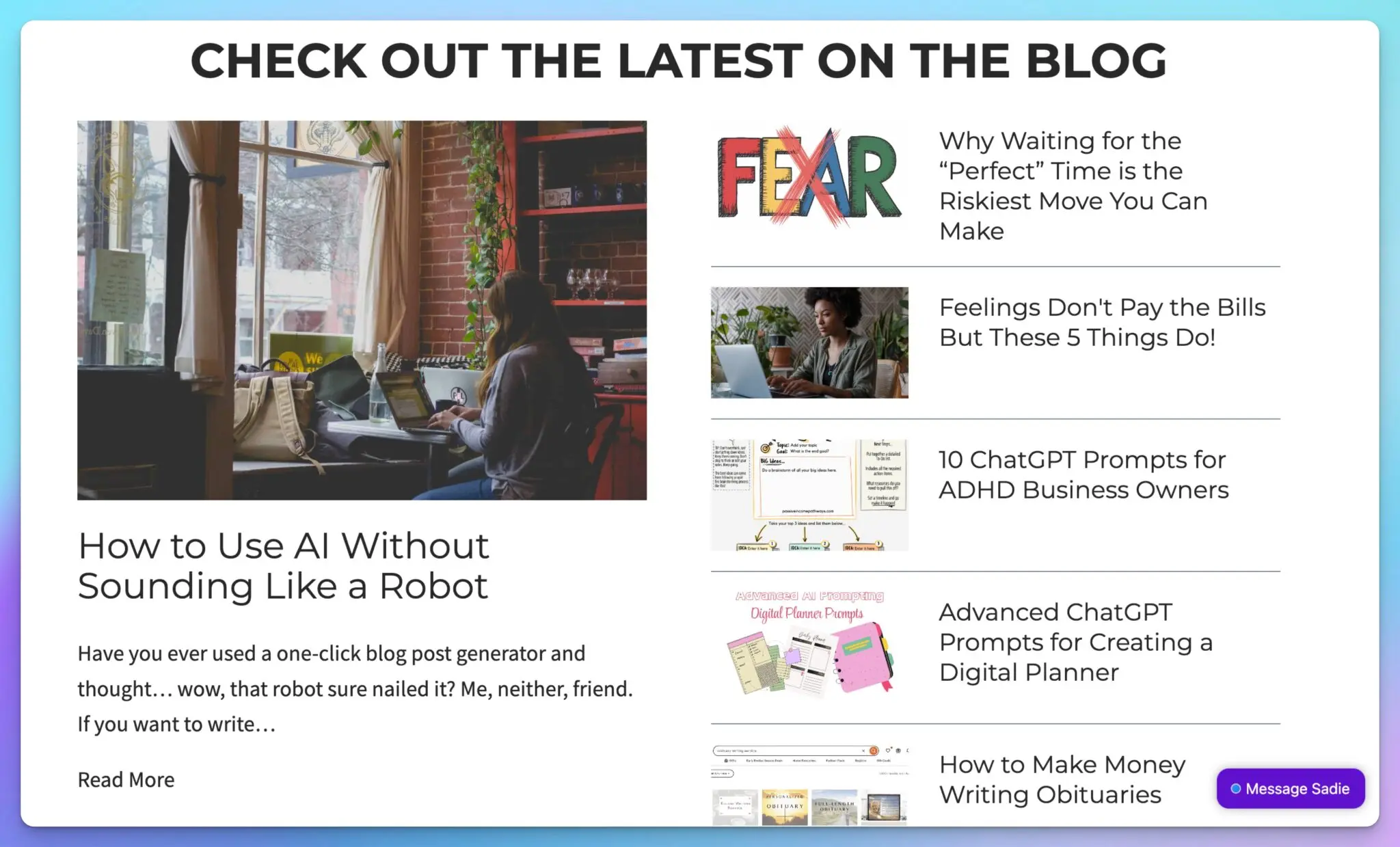 Sadie's Blog and AI Content Topics (Screen Shot)