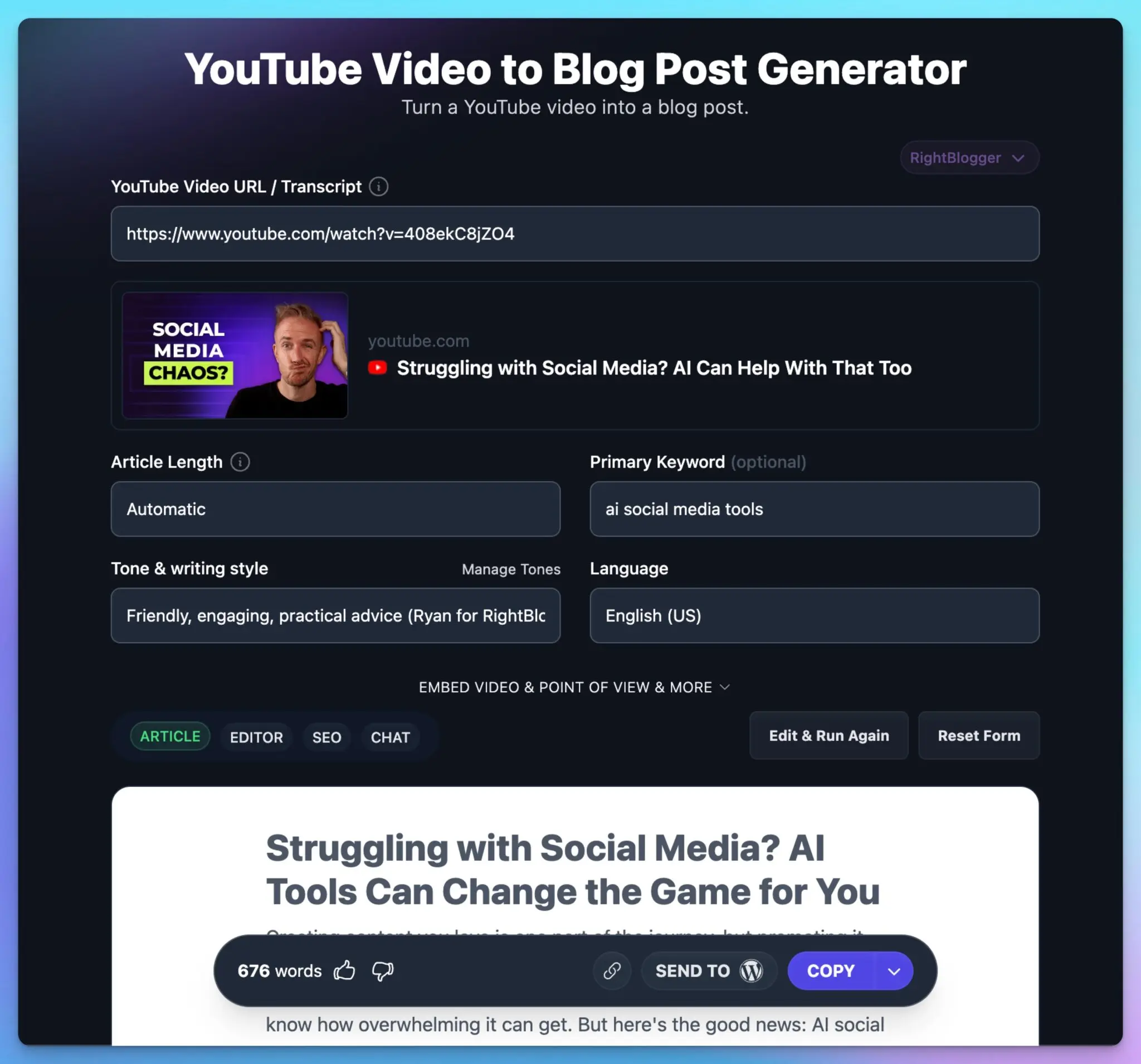 Video to Blog AI Social Media Tools (Screen Shot)