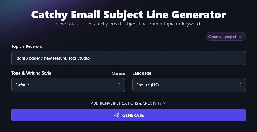 Entering a Topic / Keyword Into the Email Subject Line Generator