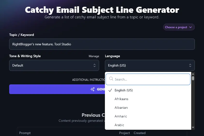 Choosing Your Preferred Language for the Email Subject Line Generator