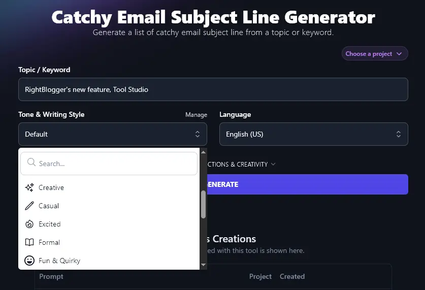 Selecting a Tone & Writing Style for the Email Subject Line Generator