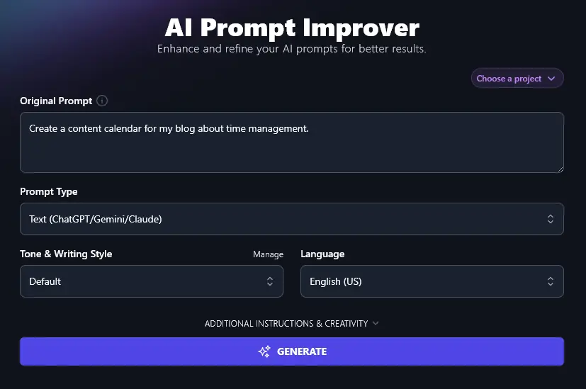 Entering Your Original Prompt Into the AI Prompt Improver Tool