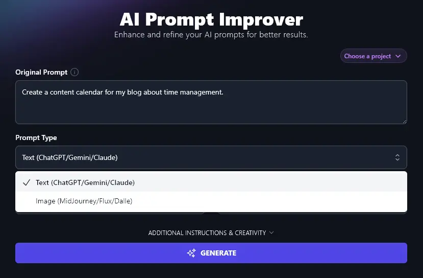 Selecting the Prompt Type for the AI Prompt Improver