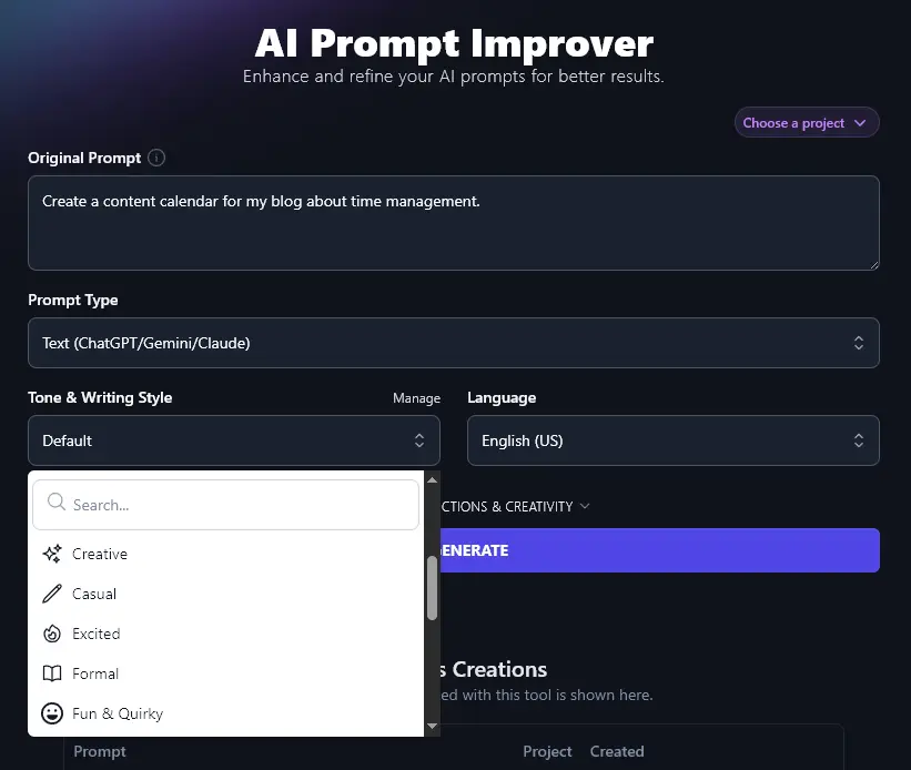 Choosing a Tone & Writing Style from the Dropdown List for the AI Prompt Improver