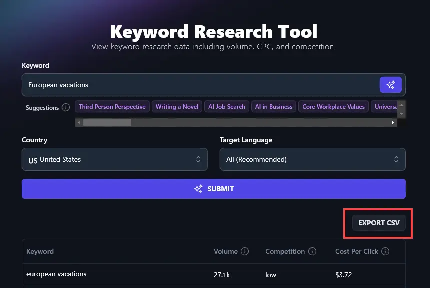Exporting a CSV of Results From the RightBlogger Keyword Research Tool