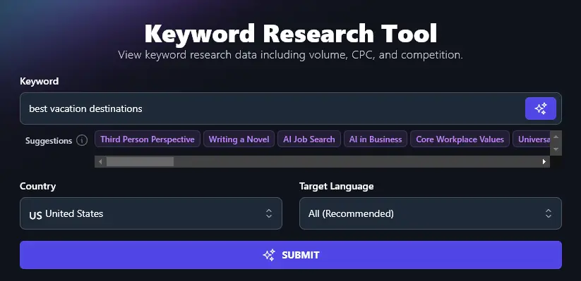 Entering a Starting Keyword in the RightBlogger Keyword Research Tool