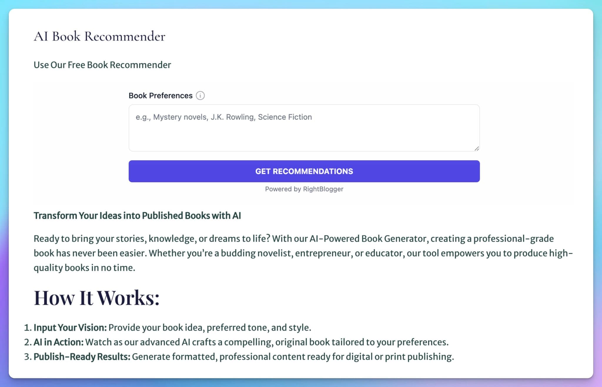 AI Book Recommender Tool (Tool Example Screen Shot)