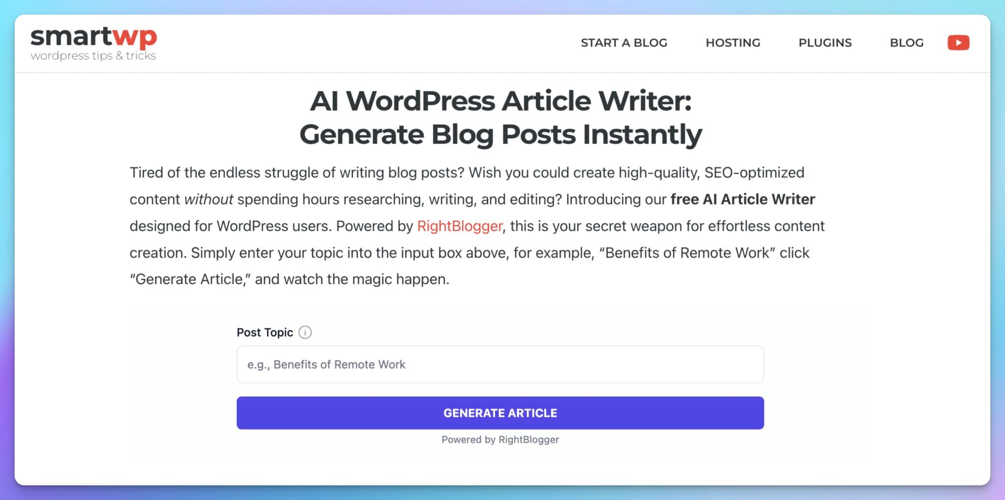 AI WordPress Article Writer Free Tool Example (Screen Shot)