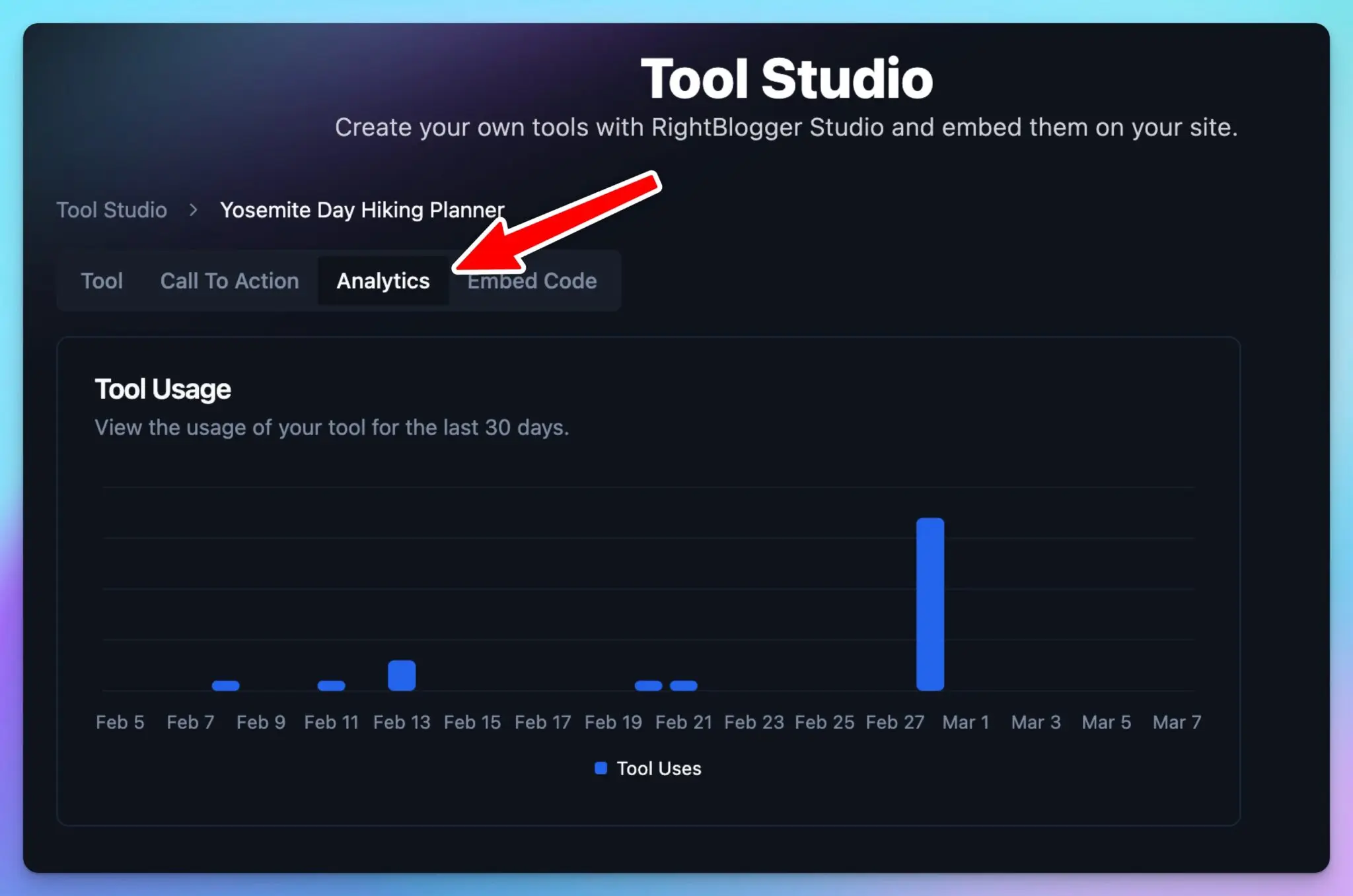Analytics Menu in Tool Studio (Example of Embeddable AI Tool)