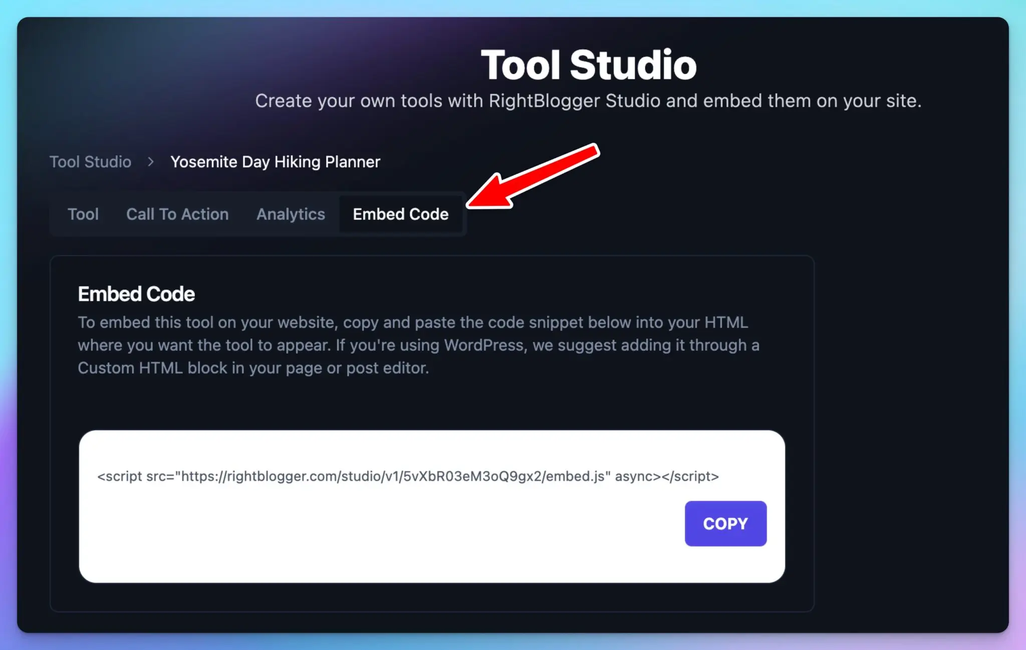 Embed Code Menu in Tool Studio (Example of AI Tools Embedded)