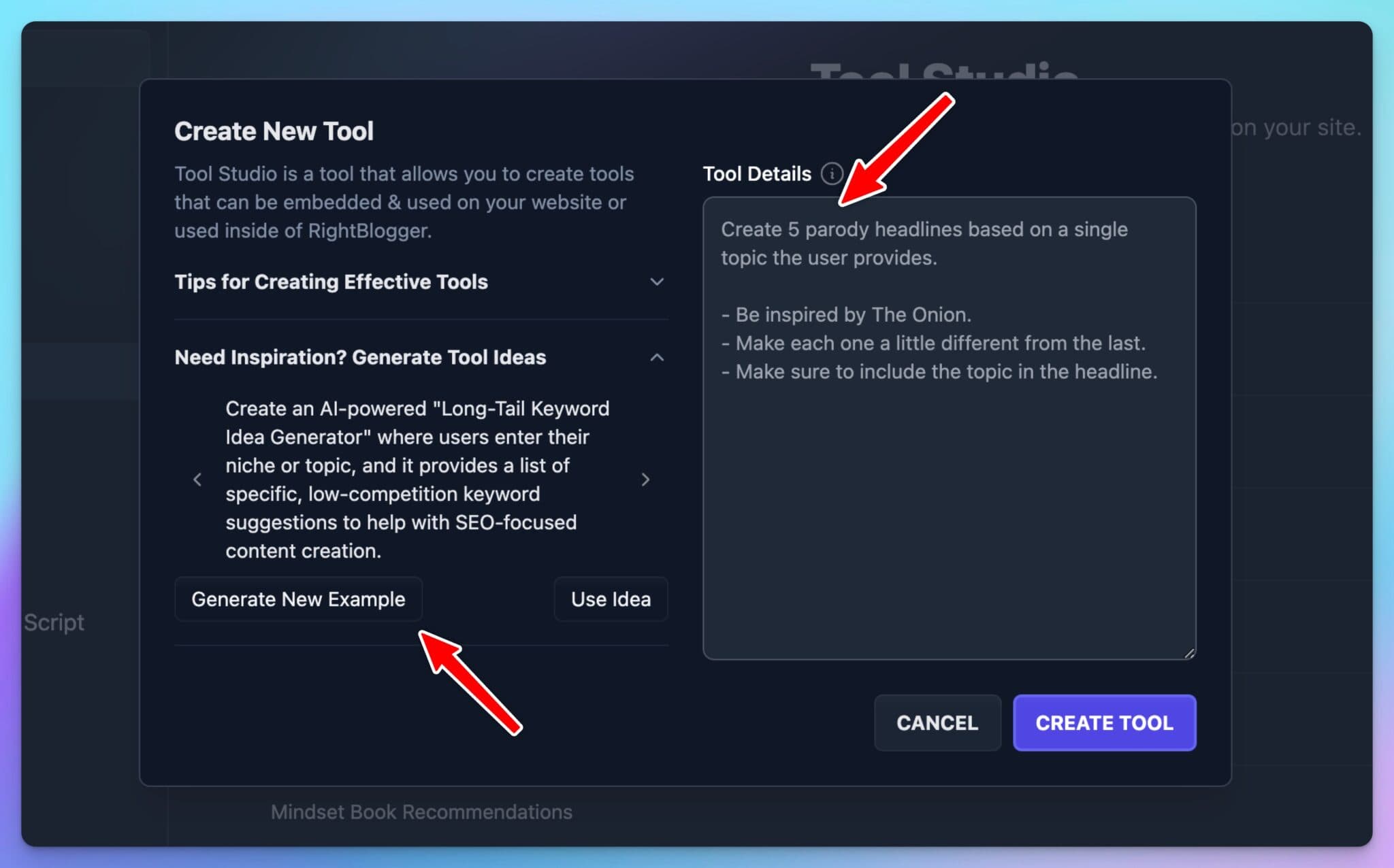 How to Make Embeddable AI Tools (Screen Shot) in RightBlogger Tool Studio