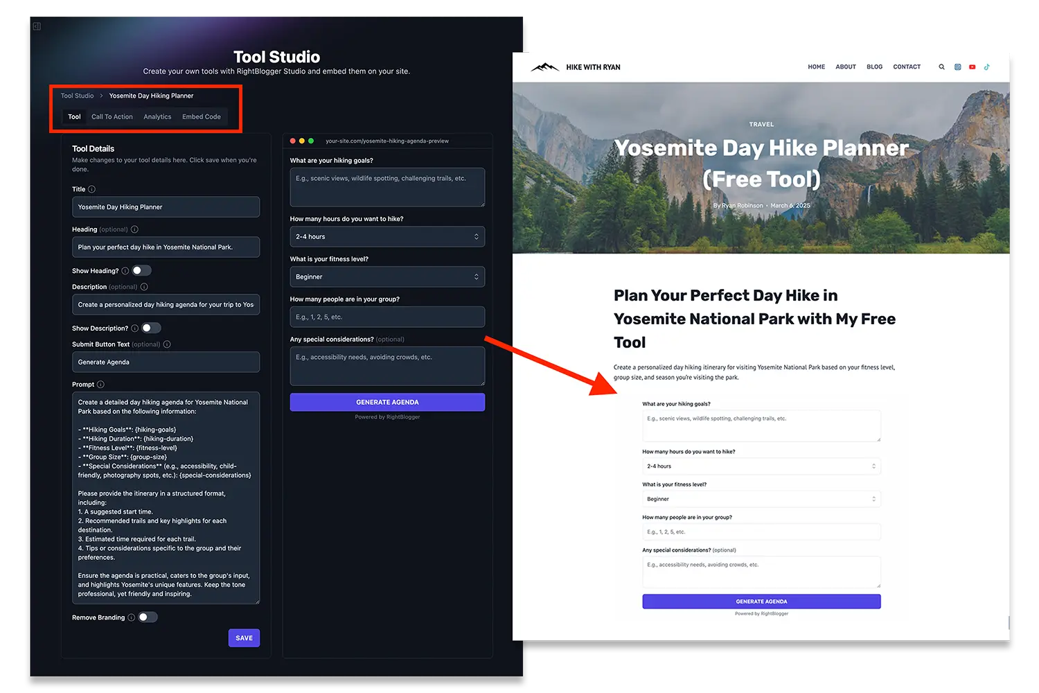 RightBlogger Tool Studio Example (Yosemite Day Hike Planner) Screen Shot of Embeddable AI Tools