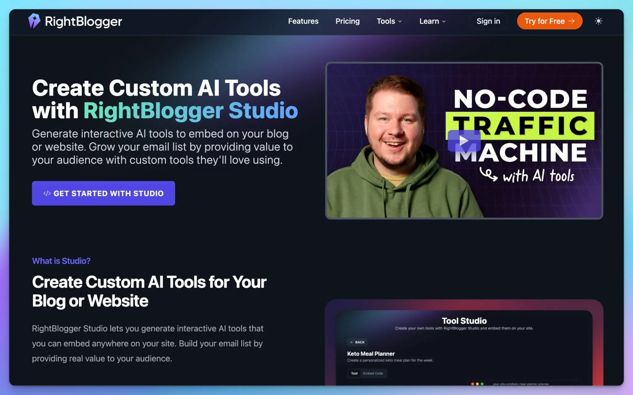 Tool Studio by RightBlogger (Embed AI Tools on Your Website) Explainer Page