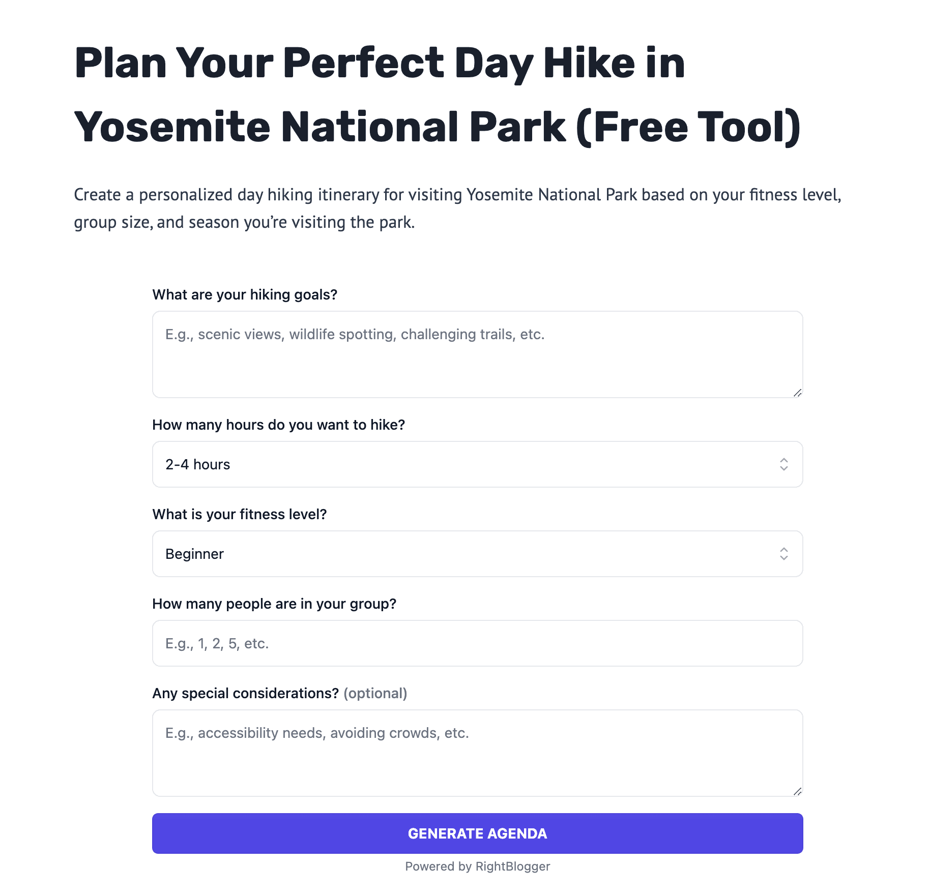 Yosemite Day Hike Planner (Example of Embeddable AI Tool) Screen Shot