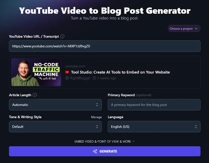 Turning a YouTube Video into a Blog Post With RightBlogger's Video to Blog Post Generator