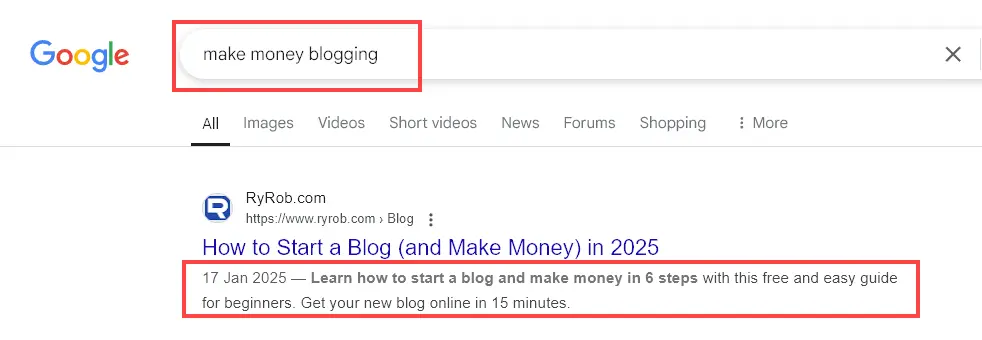 A Keyword Variant Displayed in Bold Text in the Result for a Webpage