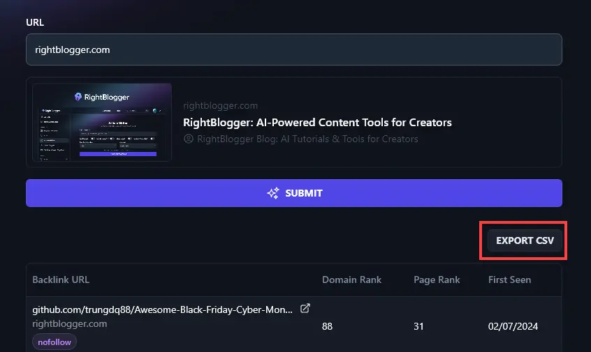 Downloading the CSV of Backlinks From the AI Backlink Checker Tool