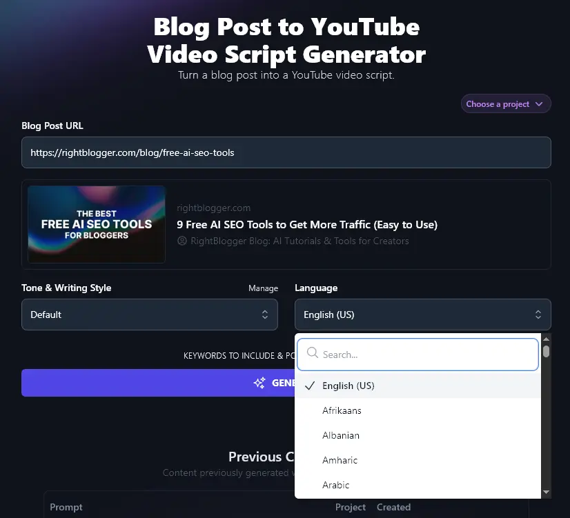 Selecting a Language to Use With the Blog Post to Video Script Generator