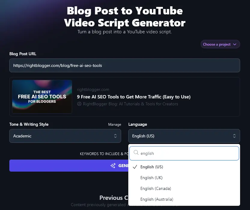 Selecting from 4 Different Varieties of English Using the Blog Post to YouTube Video Script Generator