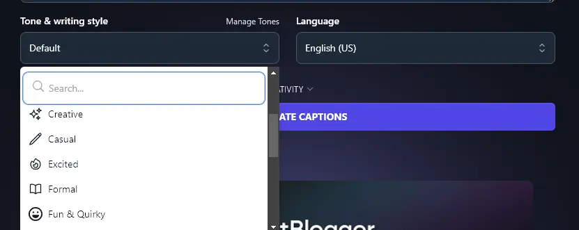 Choosing Your Tone and Writing Style for Image Captions Produced by the RightBlogger Image Caption Generator