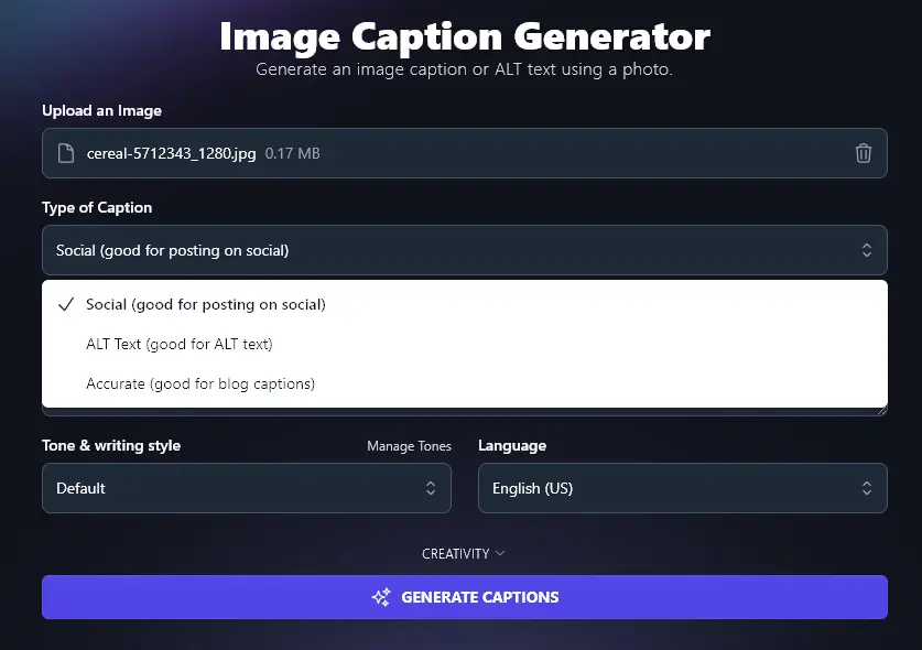 Selecting the Type of Image Caption in the AI Caption Generator