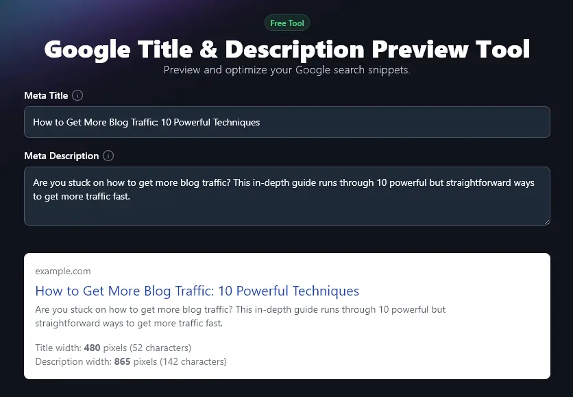 Entering a Meta Description Into the SERP Preview Tool (Google Title & Description Preview Tool)