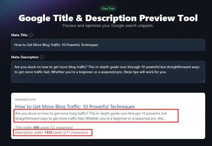 The SERP Tool Indicating That a Meta Description is Too Long to Display in Full in Google's Search Engine Results