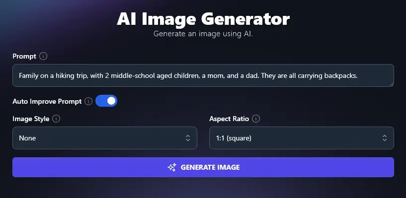 Toggling on the "Auto Improve" Option for the AI Image Generator Tool
