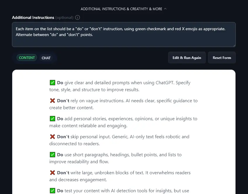 The AI Has Followed the Additional Instructions to Use Checkmarks and Xs for Do and Don't Bullet Points