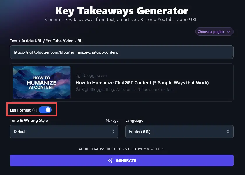 Toggling List Format On for the Key Takeaways Generator