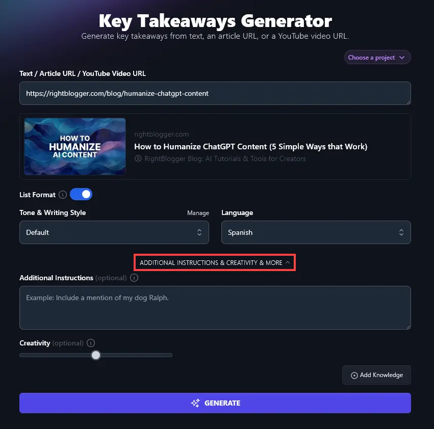 Opening Up the Advanced Options in the Key Takeaways Generator