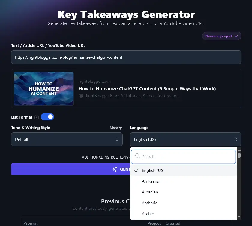 Selecting a Language for the Key Takeaways Generator