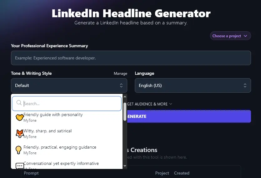 Using Custom MyTones With the AI LinkedIn Headline Generator