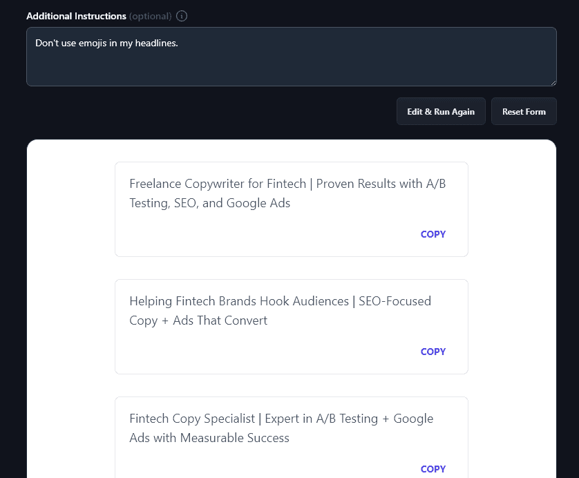 Giving Additional Instructions to the LinkedIn Headline Tool