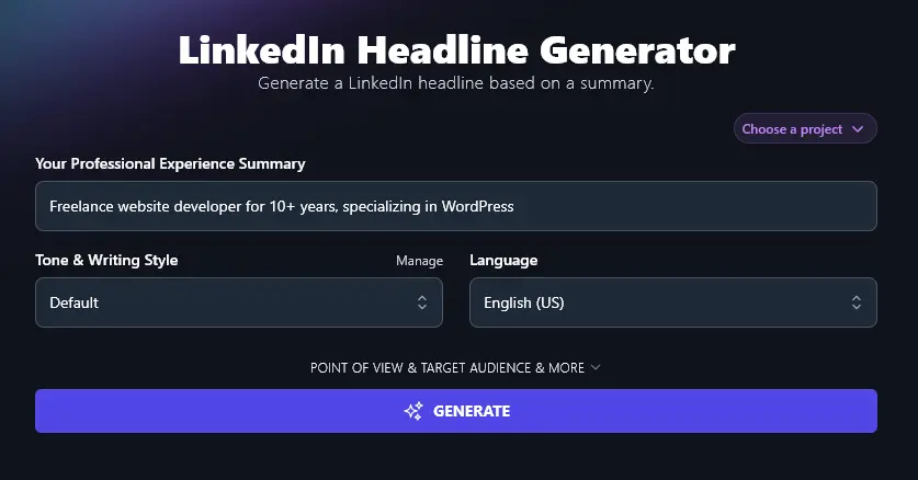 Entering a Summary of Your Professional Experience Into the LinkedIn Headline Generator