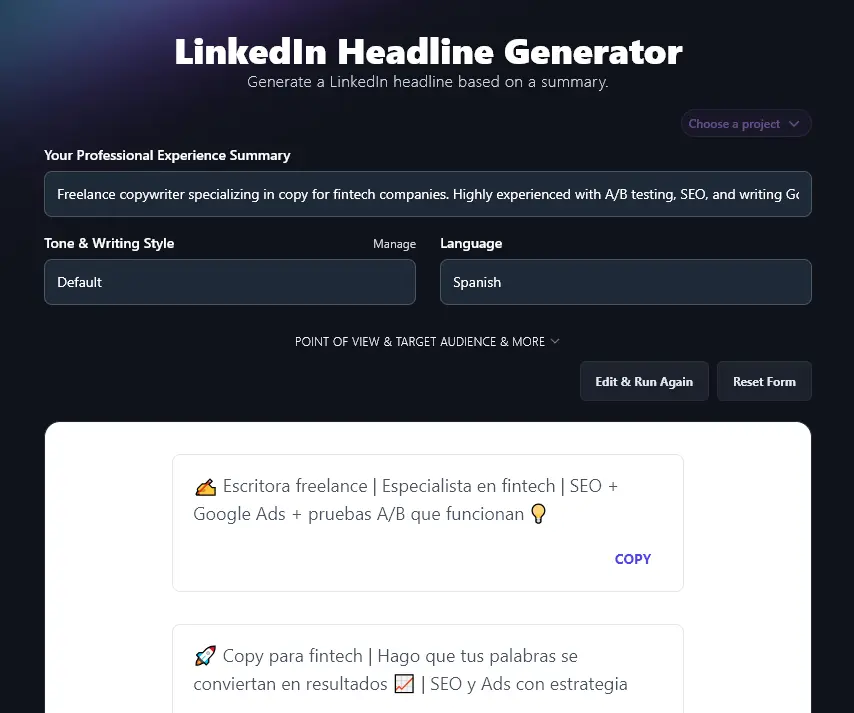 Creating Headlines in Spanish Using the AI LinkedIn Headline Generator