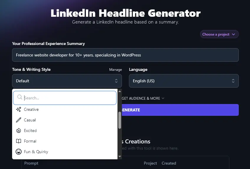 Selecting the Tone & Writing Style to Use for the LinkedIn Headline Generator