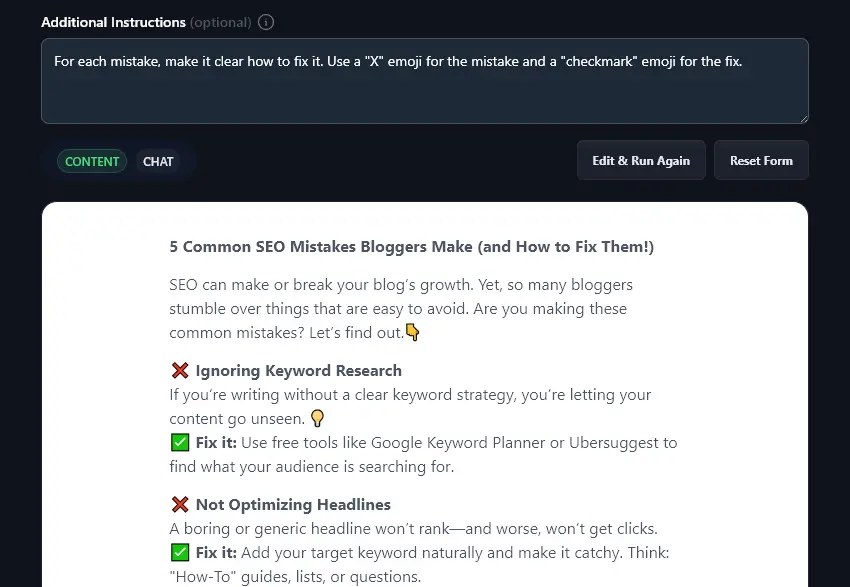 The LinkedIn Post Generator Has Followed the Additional Instruction to Use X and Checkmark Emojis in the Generated Post