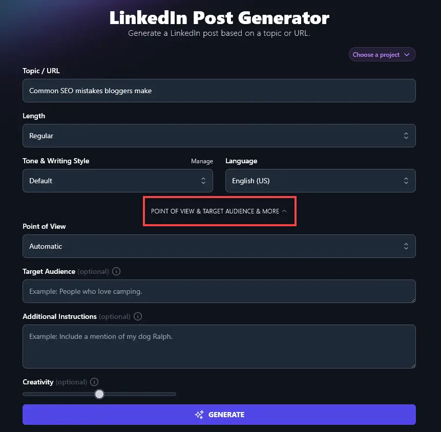 Opening Up the Advanced Options for the LinkedIn Post Generator