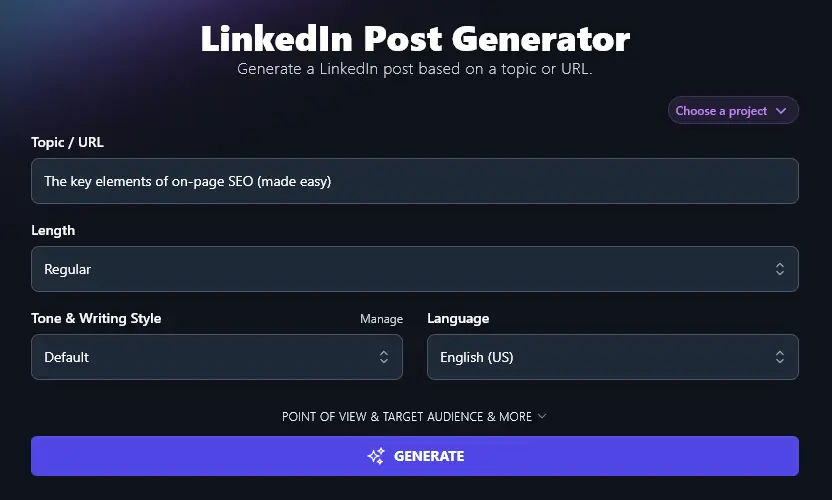 Entering a Topic/URL Into the LinkedIn Post Generator