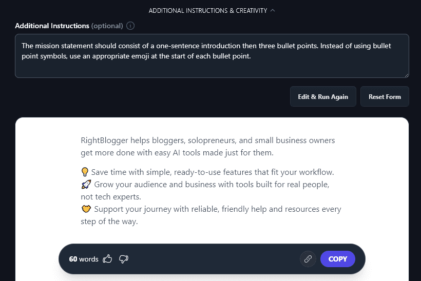 Giving Additional Instructions for the Mission Statement Generator to Follow